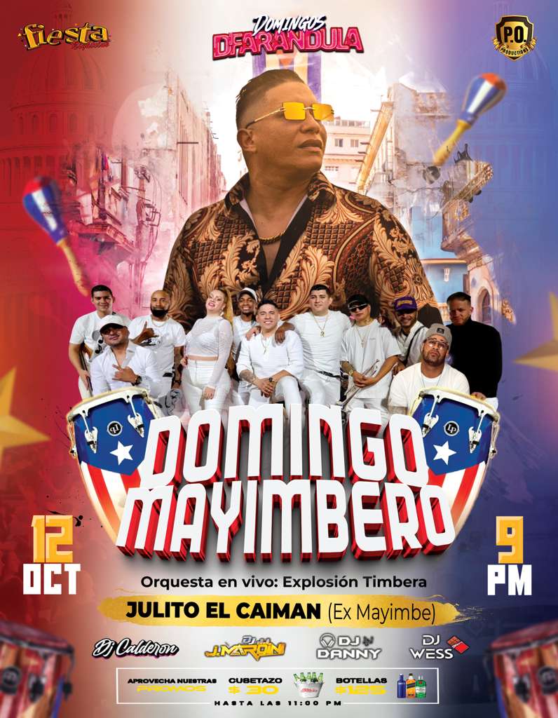 JULITO EL CAIMAN (EX MAYIMBE), ORQUESTA EN VIVO EXPLOSION TIMBERA, DJ DANNY, CALDERON, MARDINI, WESS